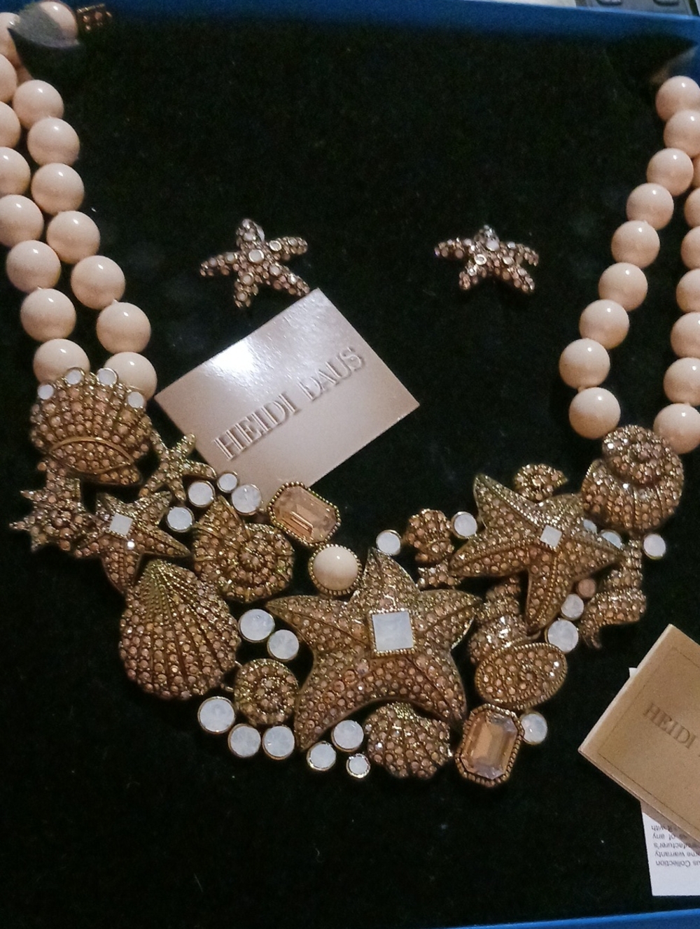 Heidi Daus Gold and Cream Starfish & Shell Statement Necklace with Studs
